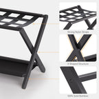HITNET Luggage Rack for Guest Room, Pack of 2, Suitcase Stand Folding Bedroom, Bamboo Hotel Luggage Holder with Fabric Storage Shelf and Nylon Straps, Black