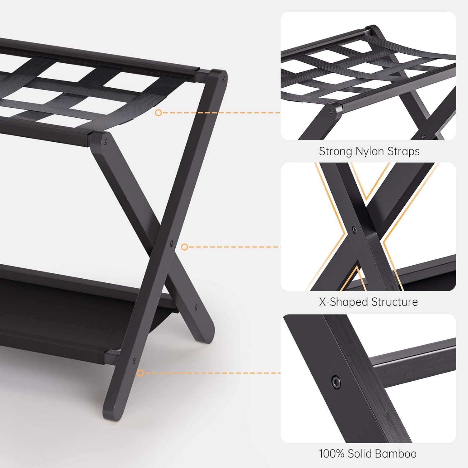 HITNET Luggage Rack for Guest Room, Pack of 2, Suitcase Stand Folding Bedroom, Bamboo Hotel Luggage Holder with Fabric Storage Shelf and Nylon Straps, Black