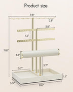 Vlando 3 Tier Jewelry Stand Organizer with Tary, Leather Jewelry Holder Display for Women, Gold Jewlery Holder Display for Necklace, Earring, Bracelet, Rings - Cloud White