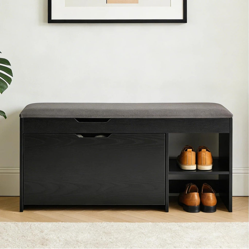 Shoe Storage Bench with a Flip Drawer, Entryway Bench with Removable Cushion, Hallway & Mudroom Organizer with Seat, Front Door Shoe Rack Cabinet, Black
