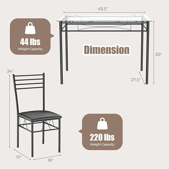 Giantex 5 Piece Dining Table Set, Kitchen Dining Set with Tempered Glass Table Top and 4 Upholstered Chairs, Dinette Set for 4 for Breakfast Nook Dining Room Kitchen (Black)