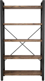 5 Tier Bookshelf Rustic Solid Wood Industrial Style Bookcase,Metal and Real Wood Vintage Bookshelf,Book Shelves Home Office, Retro Brown,Dark Matching credenza(LZ01-05tier) (5Tiers)