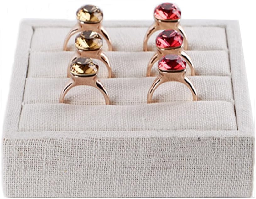 Oirlv linen 3 Slots Ring Earrings Display Trays Showcase Jewelry Organizer (creamy-white,square)