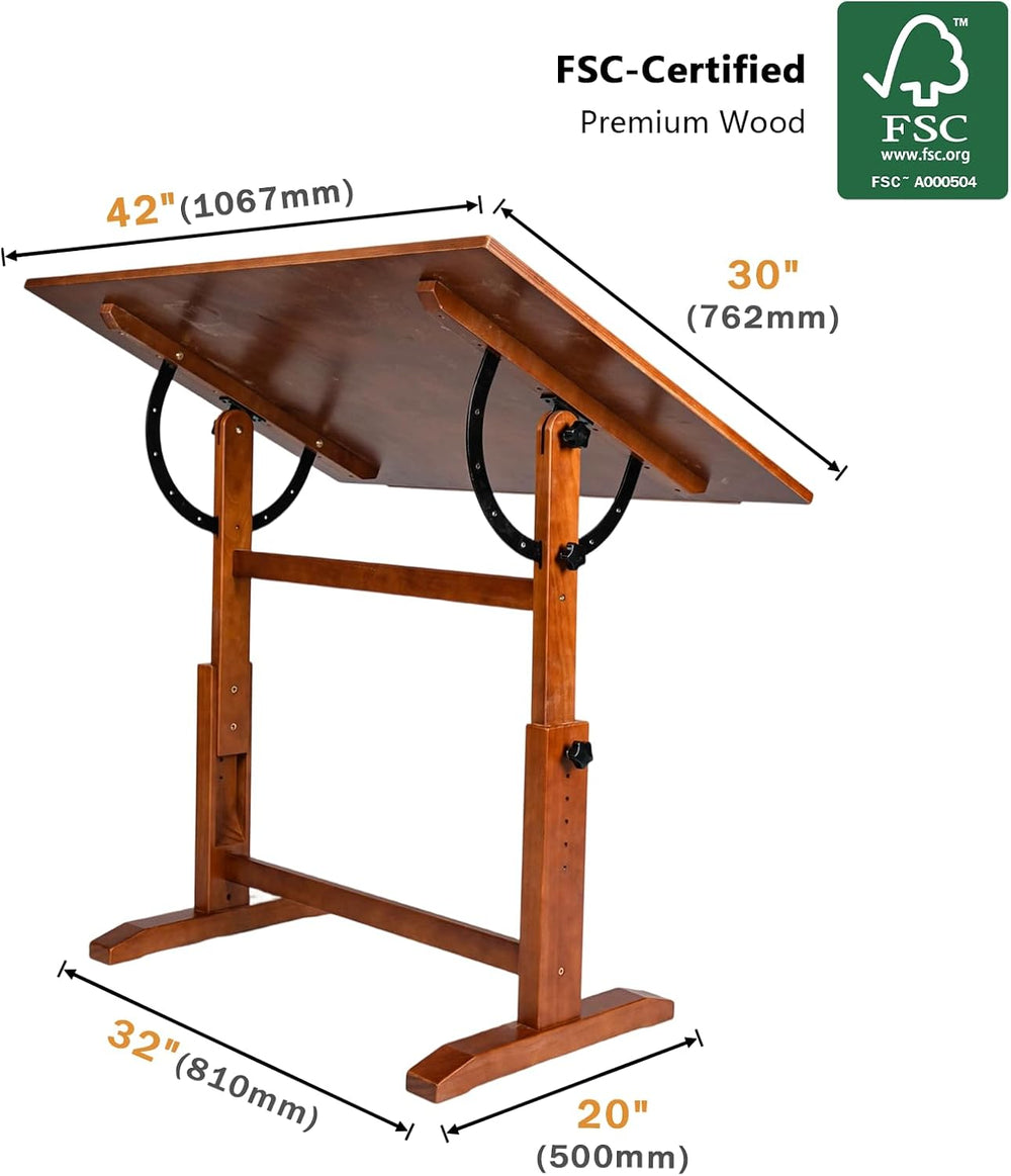 DJAR 42x30 Adjustable Wooden Drafting Table & Art Drawing Desk, Walnut