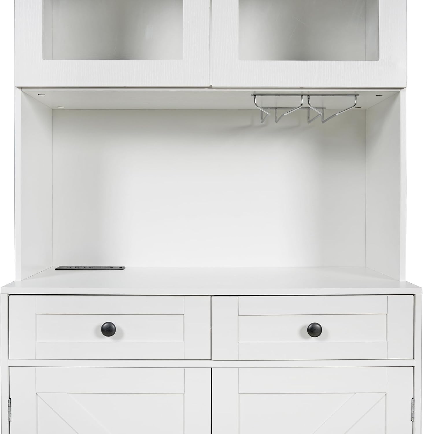 75" Tall Arched Kitchen Pantry Cabinet with Charging Station, Farmhouse Hutch Storage Cabinet with 5-Tier Shelves and 2 Drawers, Home Bar White Cupboard for Kitchen, Dining Room, Living Room(White)
