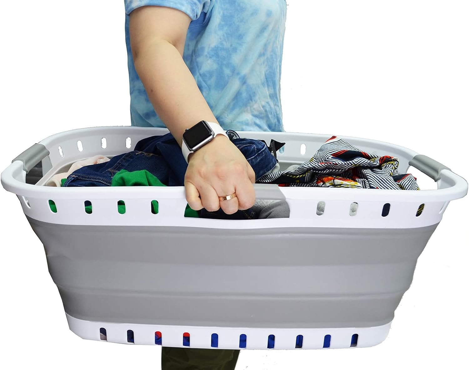 SAMMART 44L Collapsible Plastic Laundry Basket - Foldable Pop Up Storage Container/Organizer - Portable Washing Tub - Space Saving Hamper/Basket (1, White/Grey), Size: 25.4 x 17.3 x 10.2 inches