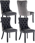 Dining Chairs Set of 4, Upholstered Dining Room Chairs with Back Ring Pull Trim and Solid Wood Legs, Modern Tufted Kitchen Chairs Perfect for Dining Room, Black Pu Leather Splicing Grey Velvet