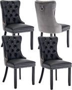 Dining Chairs Set of 4, Upholstered Dining Room Chairs with Back Ring Pull Trim and Solid Wood Legs, Modern Tufted Kitchen Chairs Perfect for Dining Room, Black Pu Leather Splicing Grey Velvet