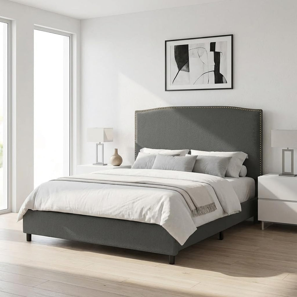 BarnFurin Full Size Chenille Bed Frame with 56" Tall Headboard,Grey