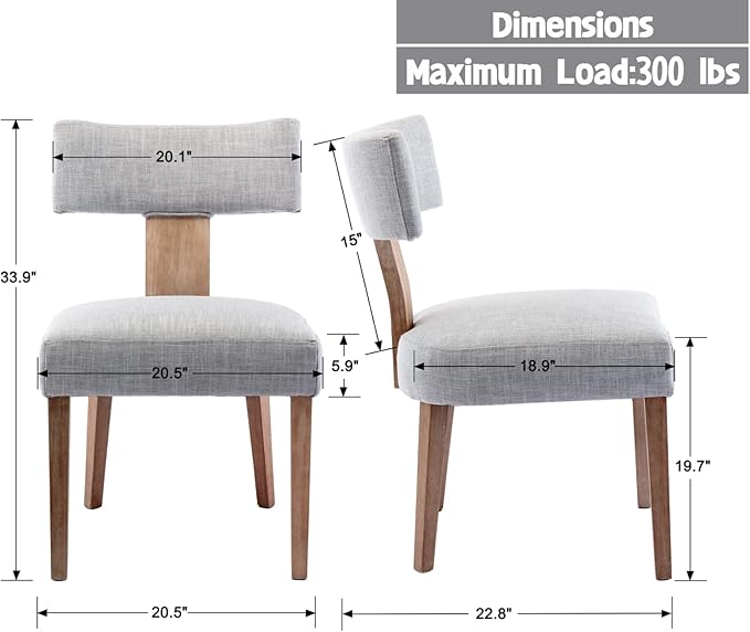Mid Century Modern Dining Chairs Set of 4, Upholstered Wooden Dining Room Chairs, Farmhouse Kitchen Chairs, Accent Armless Side Chairs with Curved Back for Living Room, Grey Linen, 4PCS