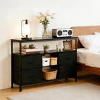 TV Stand Dresser for Bedroom, Entertainment Center with LED Lights & Charging Station, Media Console with 4 Fabric Drawers and Open Storage Shelves for Living Room, Black