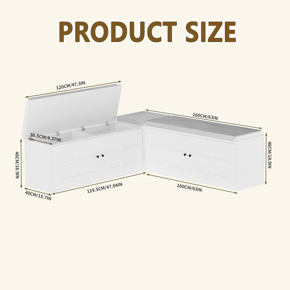 L-Shape Storage Bench with Cushion, Backless Corner Dining Nook Bench with Hi...