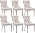 Velvet Dining Chairs Set of 6, Upholstered Dining Room Chairs with Back Ring Pull Trim and Sliver Stainless Steel Legs,Modern Kitchen Chairs Perfect for Dining Room,Living Room,Kitchen(Beige)