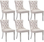 Velvet Dining Chairs Set of 6, Upholstered Dining Room Chairs with Back Ring Pull Trim and Sliver Stainless Steel Legs,Modern Kitchen Chairs Perfect for Dining Room,Living Room,Kitchen(Beige)