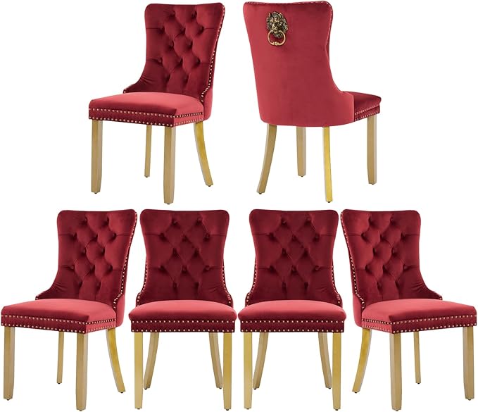 Velvet Dining Chairs Set of 6, Upholstered Dining Room Chairs with Lion Head Pulls Ring and Golden Solid Wood Legs, Modern Button Tufted Kitchen Chairs for Dining Room, Kitchen(Wine Red)