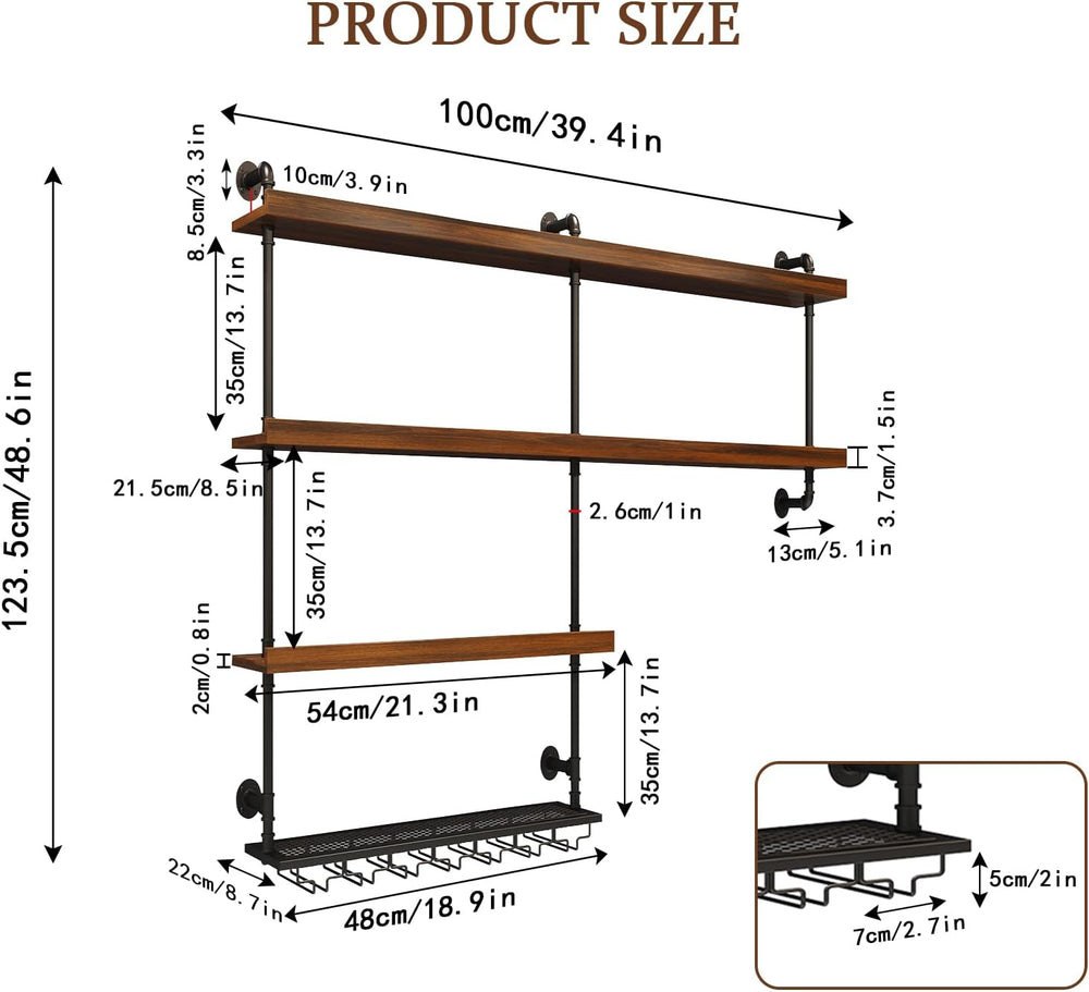 39.4in Solid Wood Wine Rack Wall Mounted, 4-Tier with LED Lights | Liquor Bot...