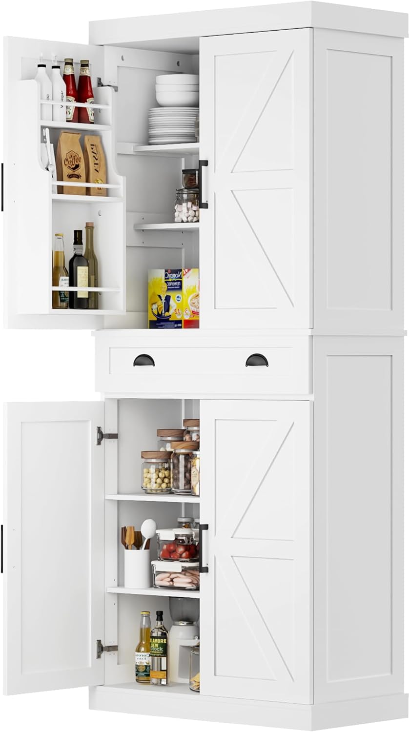 Tall Free Standing Kitchen Pantry Storage Cabinet, Wooden Farmhouse Style, De...