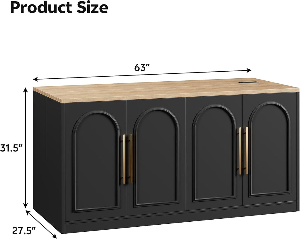Large Kitchen Island, 63" L Kitchen Island Table with Power Outlet | Wooden Island Bar Table with 4 Arch Doors Kitchen Island with Storage Cabinet & Seating Room for Dining Room, Home Bar, Black