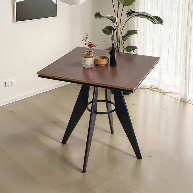 Square Cafe Table - 23.62" Oak Wood Top, Metal Frame, 28.15" High, Modern Industrial Dining Table for Kitchen, Home Office, Bistro, Compact for Space Saving