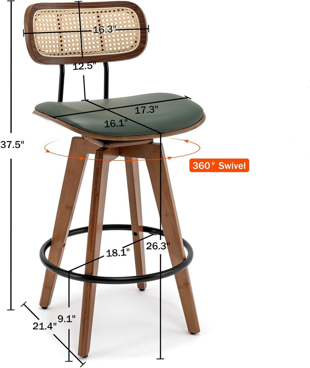 26" Rattan Bar Stools Set of 2, Faux Leather Counter Height Swivel Barst...