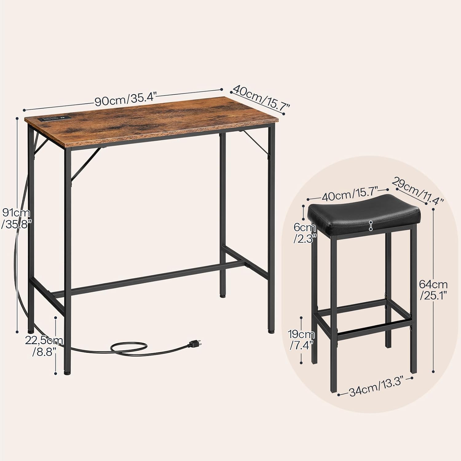 HOOBRO 3-Piece Bar Table and Chairs Set, 39.4" Pub Table, High Top Bar Table with Charging Station, 3-Piece Dining Table Kitchen Breakfast Table Set, for Kitchen, Small Space, Rustic Brown BF10UBT01