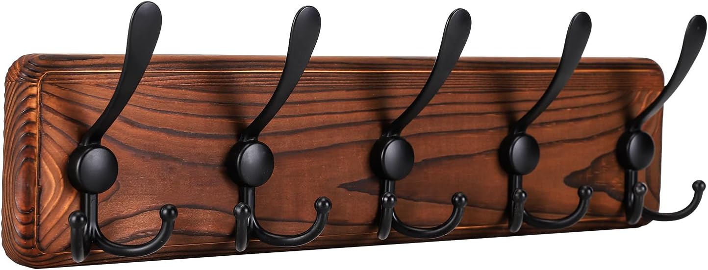 Kruodop Large Coat Rack Wall Mount Coat Hooks Coat Hanger with 5 Metal Black Triple- Hooks Brown Pine Real Wood Plank Hat Rack for Wall Hooks for Hanging Coat Hat Jacket