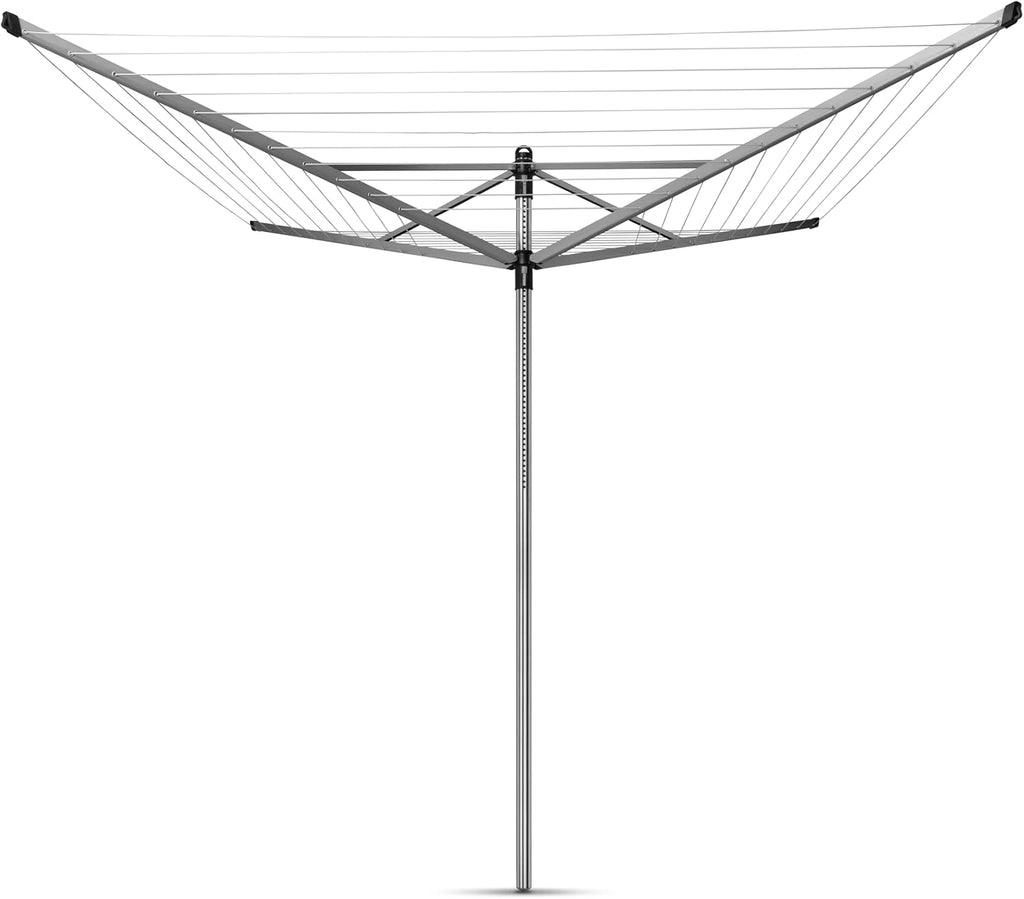 Brabantia Lift-O-Matic Outdoor 4 Arm Clothesline (197 ft/Ø 1.8") Height Adjustable, Folding Clothes Drying Rack + Ground Spike & Cover (Gray)