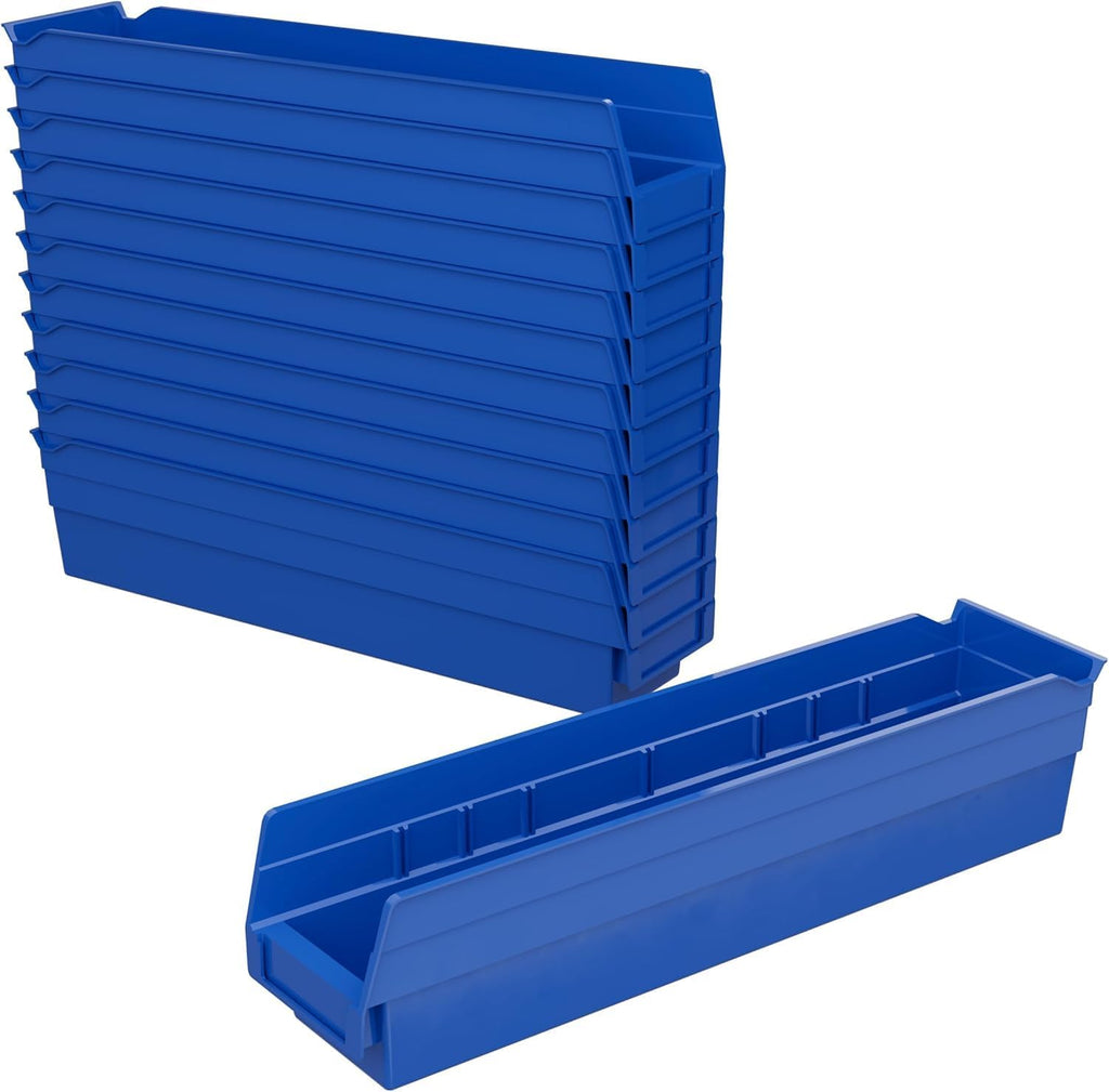 Akro-Mils 30128 Plastic Shelf Bins, Heavy Duty Storage Bins for Garage, Closet, and Drawer Organization, 18-Inch x 4-Inch x 4-Inch, Blue, 12-Pack