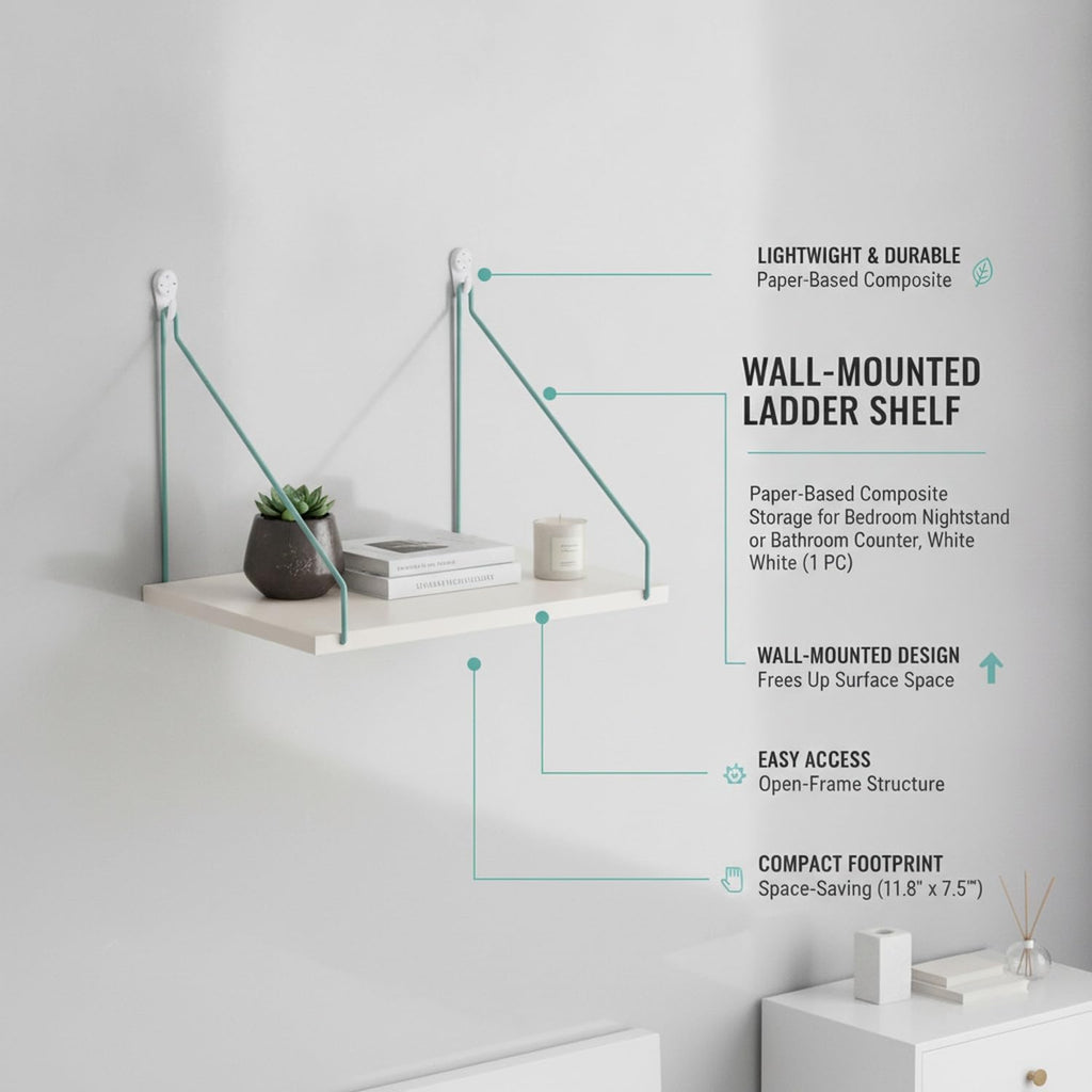 Maximize Vertical Space with Wall-Mounted Ladder Shelf, Paper-Based Composite Storage Unit for Bedroom or Living Area, White Finish (1 Piece)