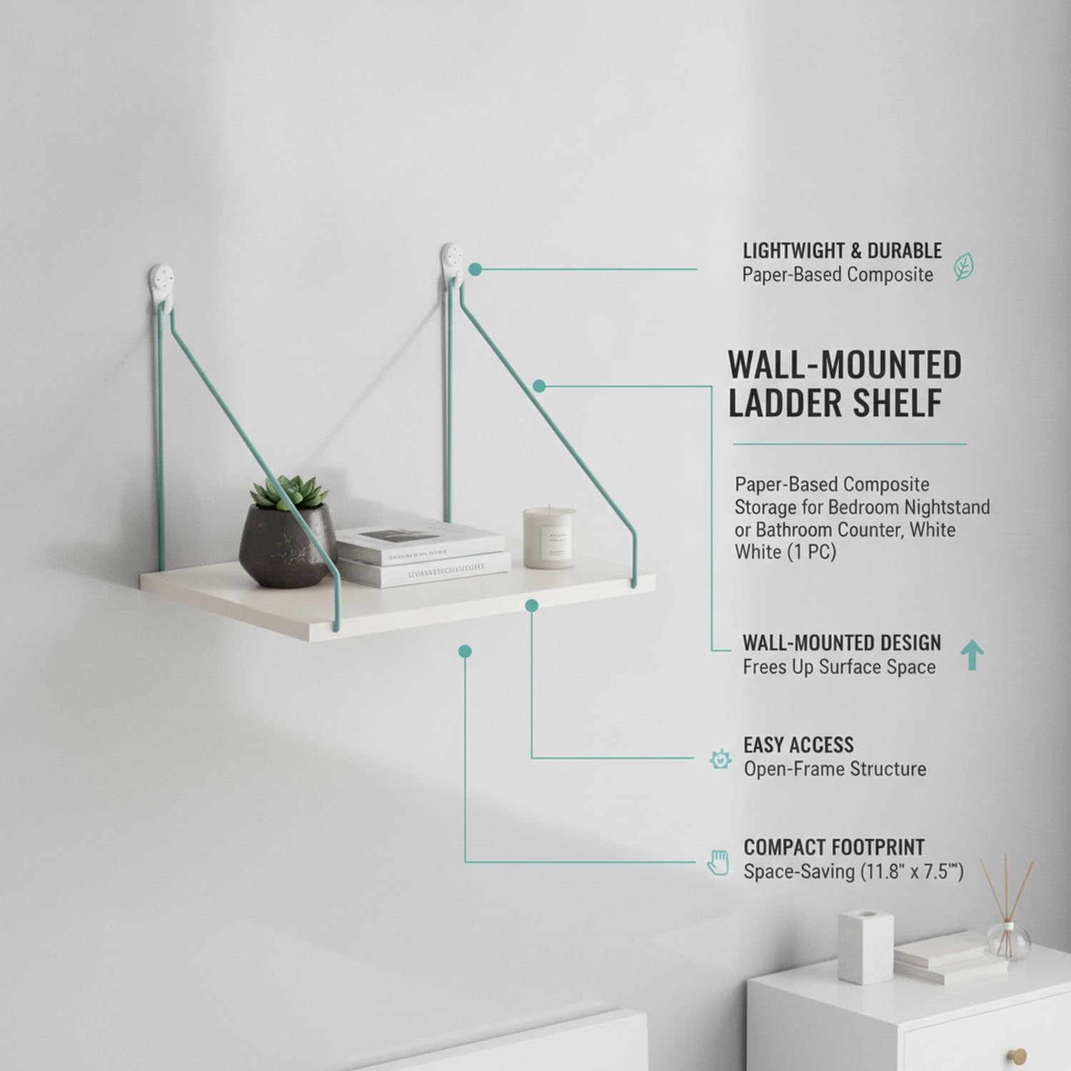Maximize Vertical Space with Wall-Mounted Ladder Shelf, Paper-Based Composite Storage Unit for Bedroom or Living Area, White Finish (1 Piece)