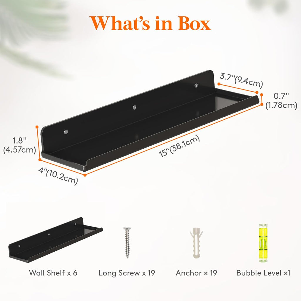 Lifewit Floating Shelves for Wall, 6 Pack Black Acrylic Shelf 15" Room Decor for Bookcase/Vinyl Record Display/Photo/Picture in Bedroom, Living Room, Bathroom, Kitchen Storage and Organization