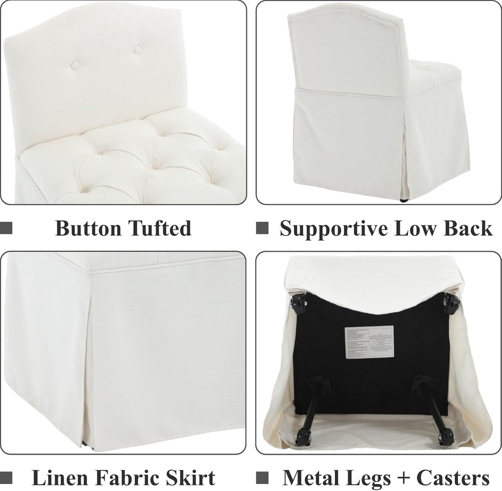 White Tufted Makeup Vanity Chair with Wheels, Small Upholstered Skirted Slipp...