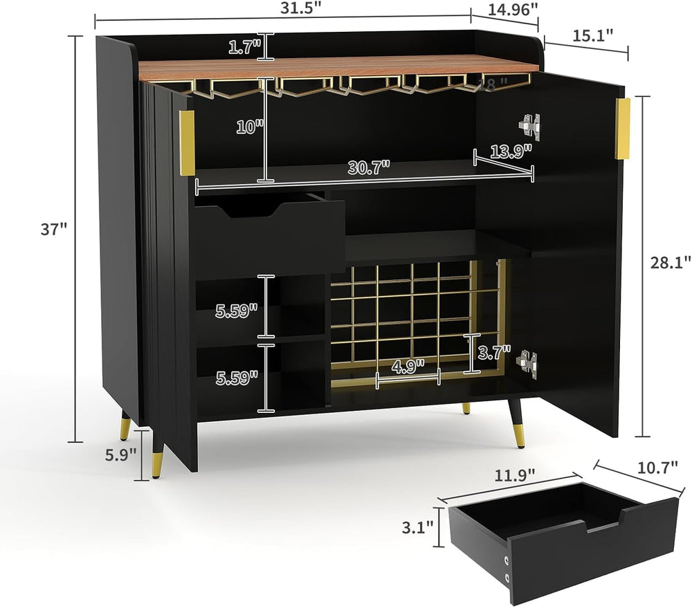 32" Fluted Bar Cabinet with Wine Rack, Green Liquor Wine Cabinet, Black ...