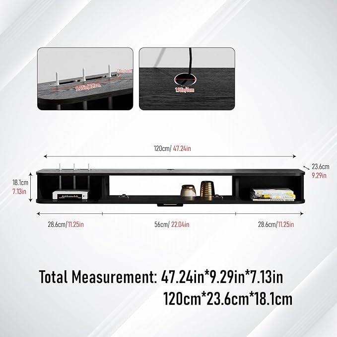 Floating TV Unit, 47'' Wall Mounted TV Cabinet, Floating Shelves with Door, Modern Entertainment Media Console Center Large Storage TV Bench for Living Room & Office (47.24IN, Black)