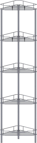 5 Tier Floor Standing Corner Shower Caddy Organizer Shelf with Hooks, Bathroom Shelves Stand Rack, Dark Gray