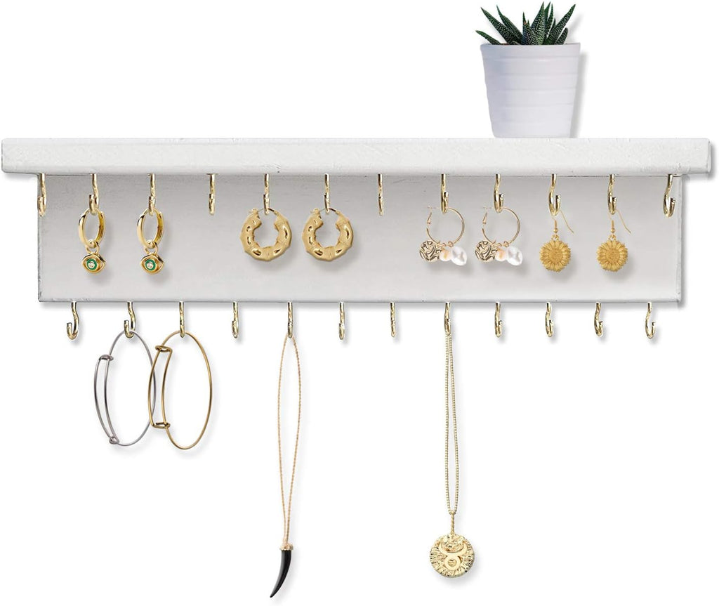 SANY DAYO HOME Jewelry Organizer with 30 Hooks and Cosmetics Shelf, 15 x 3 x 4 inches Wall Mounted Rustic Pine Wood Holder for Necklaces and Bracelets, Suitable for Kids and Adults (Retro White)