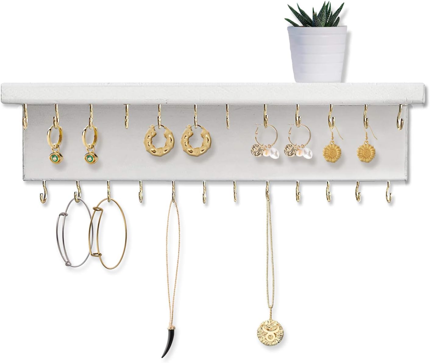 SANY DAYO HOME Jewelry Organizer with 30 Hooks and Cosmetics Shelf, 15 x 3 x 4 inches Wall Mounted Rustic Pine Wood Holder for Necklaces and Bracelets, Suitable for Kids and Adults (Retro White)