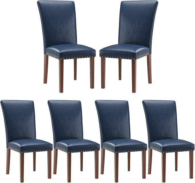 Stylish Dining Chairs Set of 6, Upholstered Parsons Dining Room Chair with Nailhead Trim, Kitchen Room Chair with Thick Cushions and Wood Legs, Nailhead Trim, Blue Leather