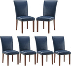 Stylish Dining Chairs Set of 6, Upholstered Parsons Dining Room Chair with Nailhead Trim, Kitchen Room Chair with Thick Cushions and Wood Legs, Nailhead Trim, Blue Leather