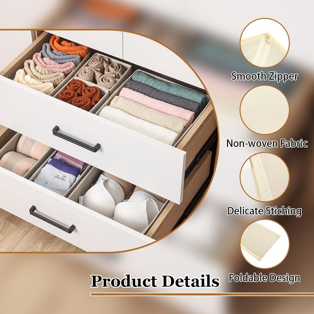 Drawer Organizer Clothes - 14 Pack Beige Dresser Organizer for Baby Clothes, Underwear, Socks, Foldable Closet Storage Divider Bins for Nursery, Bedroom, Dorm
