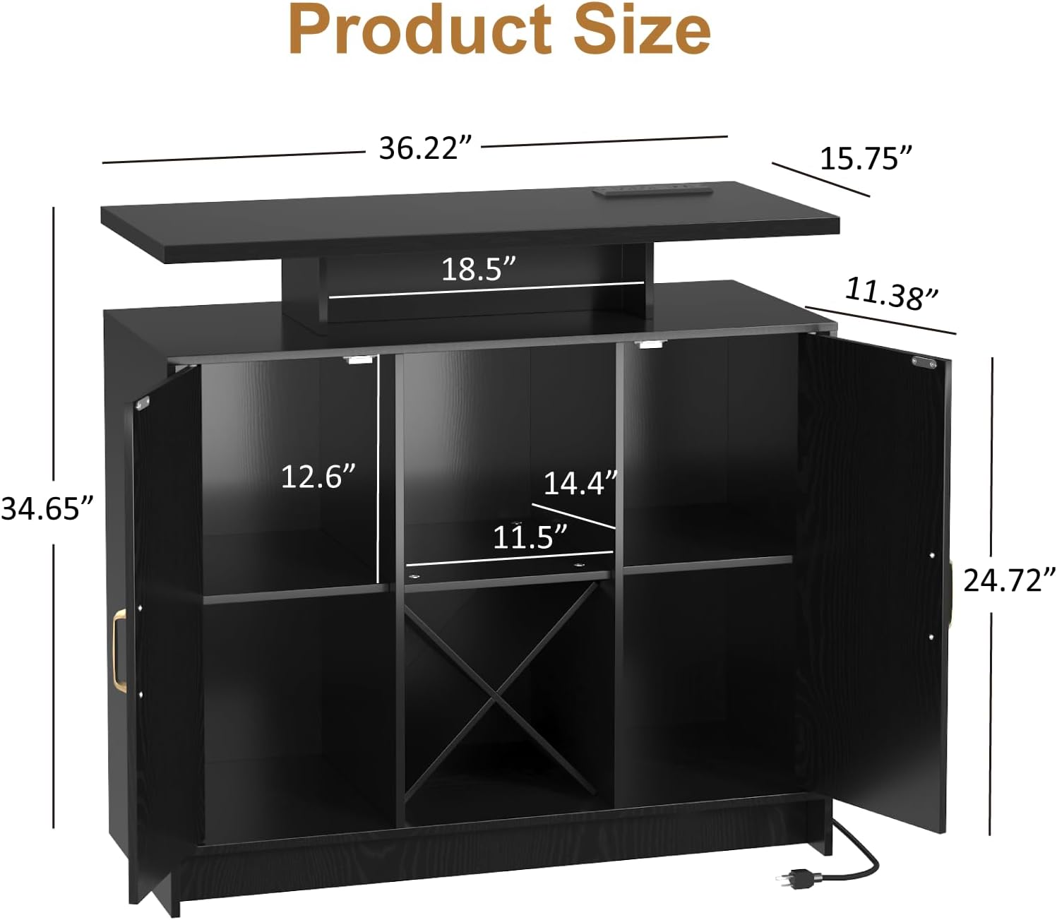 Wine Bar Cabinet with Power Outlet and LED Light, Coffee Bar Cabinet with Wine Rack, Storage Shelves and Cabinets, Large Space Liquor Cabinets for Kitchen Dining Room Living Room, Black