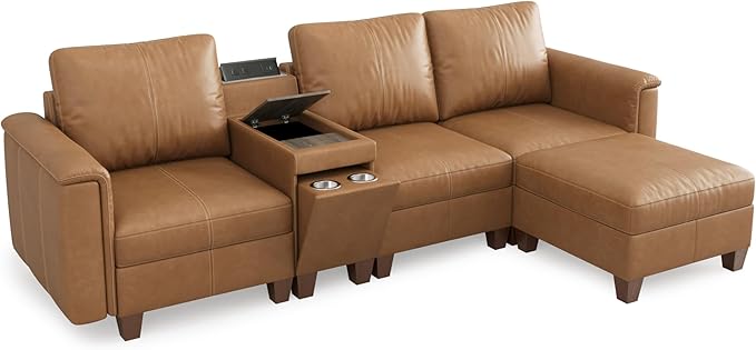 SITJOY 105" Faux Leather Modular Sectional Sofa with Storage, Mid Century Modern Sectional Couches for Living Room, 4 Seat L Shaped Couch with Chaise and Console Table, Hidden Cupholders, Brown