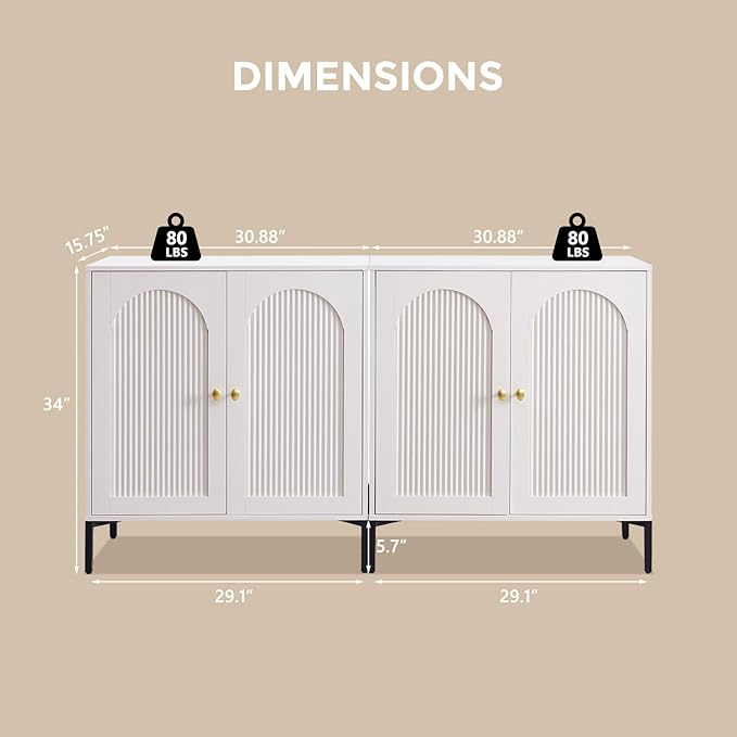 Modern TV Stands for 75 Inch TVs, 61.75‬"W Wood Entertainment Center w/Adjustable Shelves, Mid Century Modern TV Stand w/Arched Fluted Doors, Media Console Cabinet for Living Room, White
