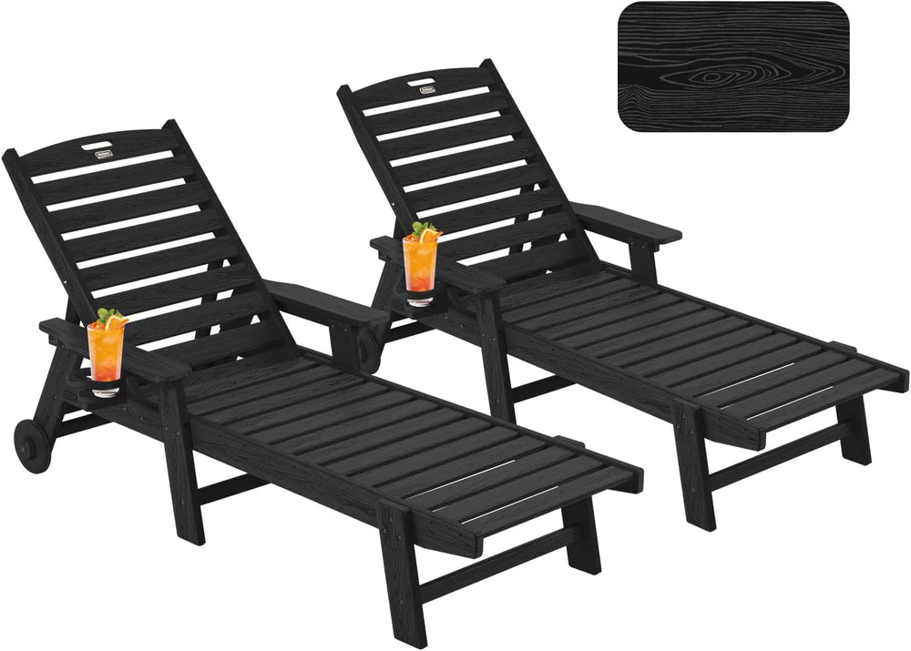 Patio Chaise Lounge Chair Set of 2, Oversize Lounge Chairs with Wood Texture&...