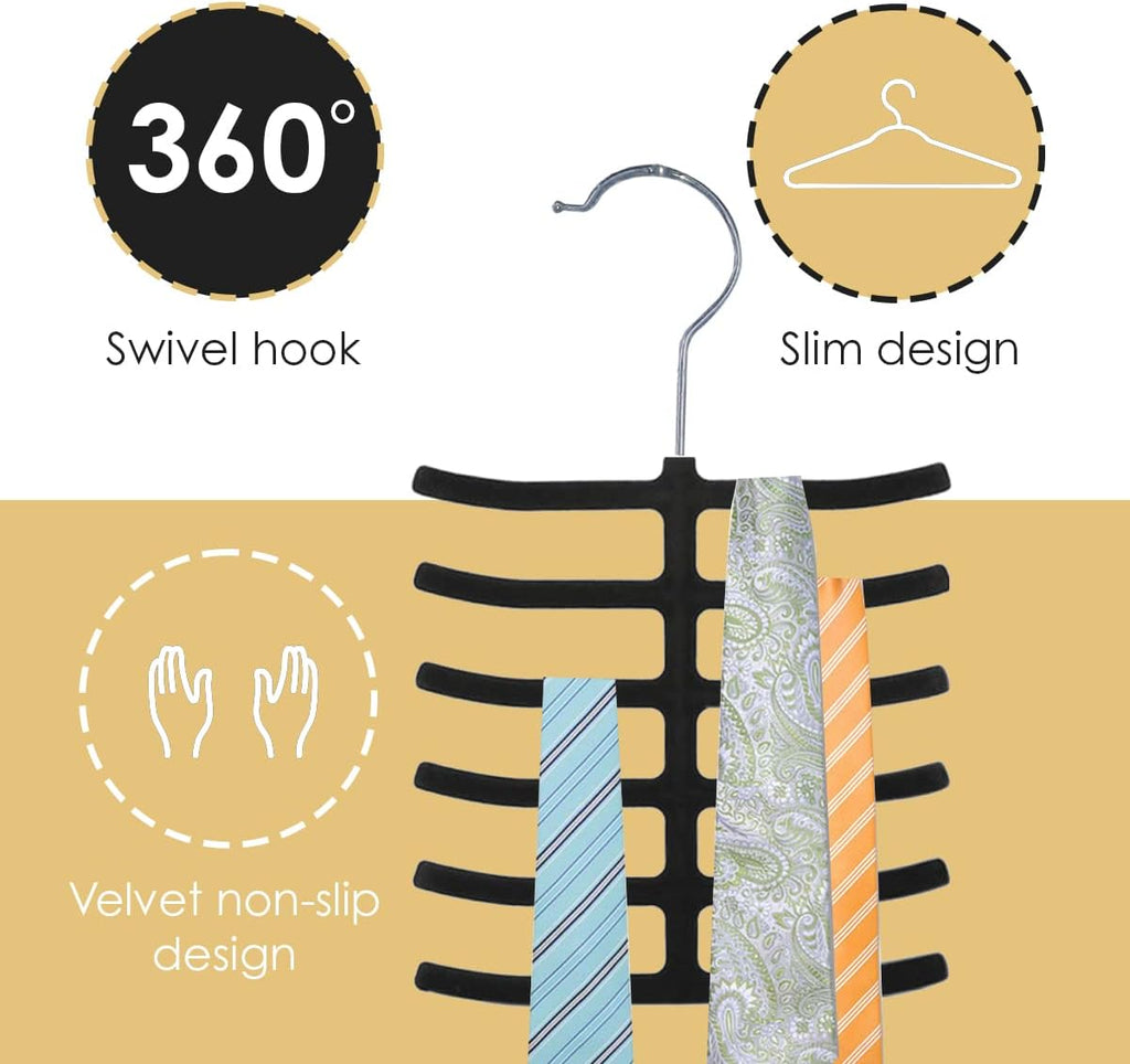 3-Pack Non-Slip Velvet Tie Hanger Organizer Rack by Home Basics | 360° Rotatable Hook | Holds 12 Ties Each | Versatile for Belts and Scarves | Slim Design