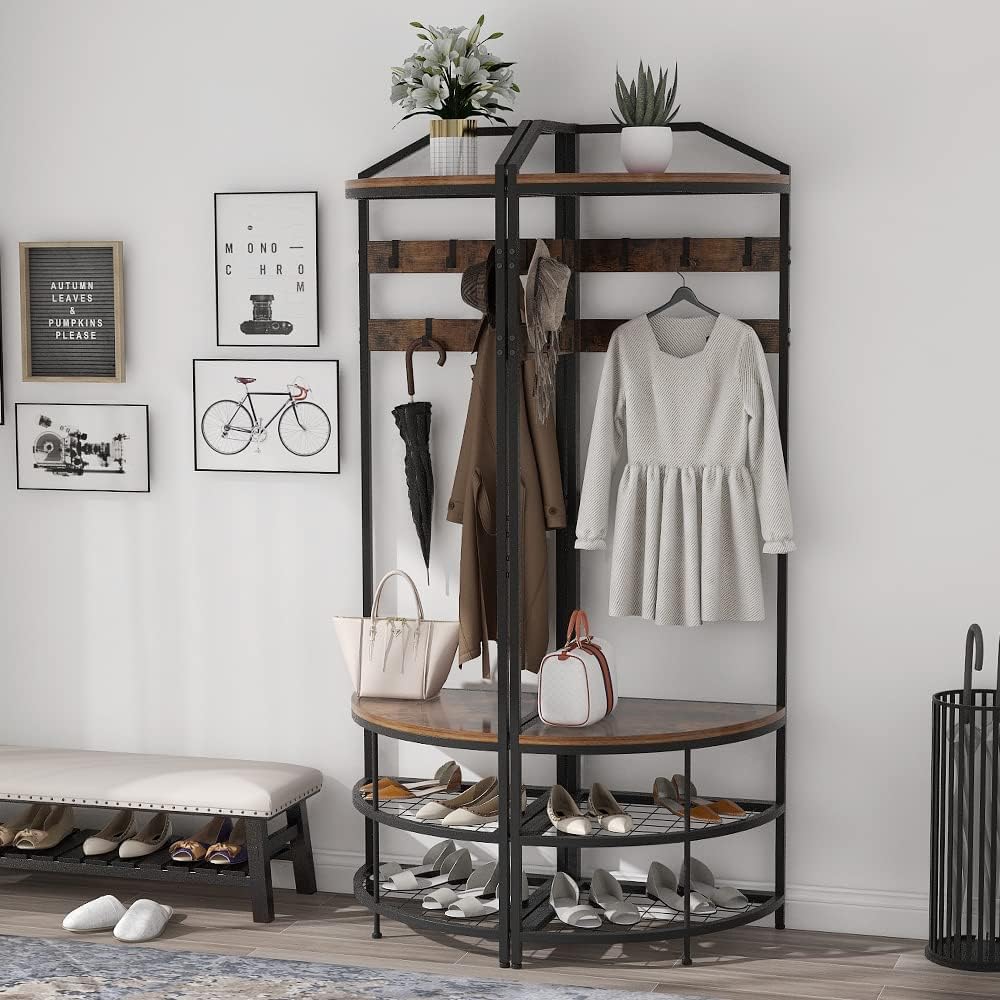 GiftGo Corner Hall Tree with Shoe Bench Entryway Coat Rack with 10 Metal Movable Hooks Floor Standing Clothes Rack Shoes Shelf Organizer for Home Office Bedroom (Rustic Brown)
