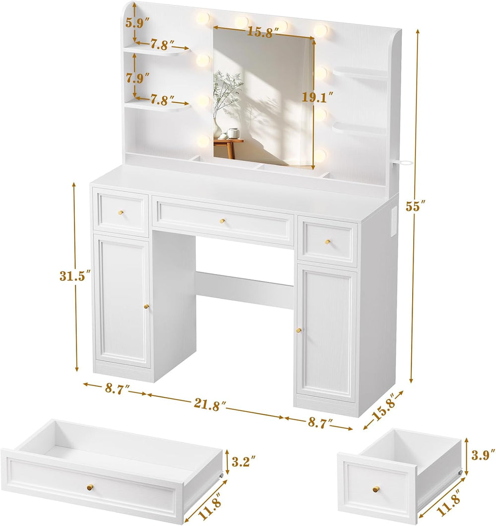 Large Makeup Vanity Desk with Mirror and Lights & Charging Station, White...