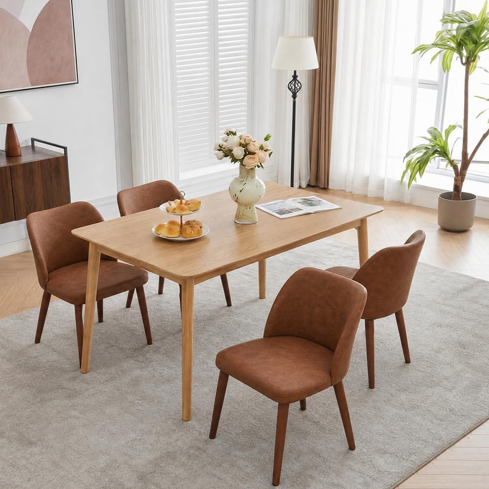 GarveeHome Leather Dining Chairs Set of 4 Upholstered PU Dining Chair with Wood Legs, Wing Backrest, Wooden Kitchen Chairs with Thick Cushions, Leveling Feet for Dining Room, Living Room, Brown