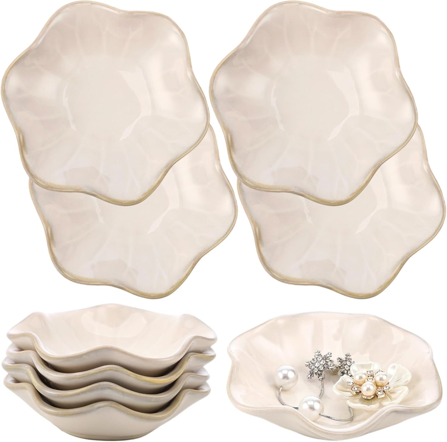 9 Pcs Ceramic Jewelry Dishes, Lotus Leaf Ring Trays, Gold Trim Trinket Tray | White glazed ceramic resists wear; 4.3x4.3x1.2 in; sloped edges prevent spills; for rings, keys & nightstand decor