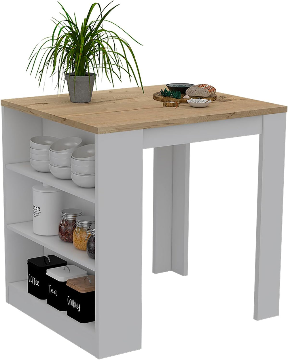 Kitchen Island with Three Drawers and Concealed Storage | Three open shelves ...